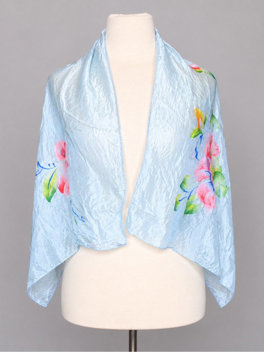 Vintage Hand Painted Blue Floral Satin Scarf Wrap Shawl Cottagecore